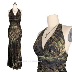 Y2K Prom Dress Maxi Gown 8 Brown Green Silk Vintage Fairy Grunge Bead Halter